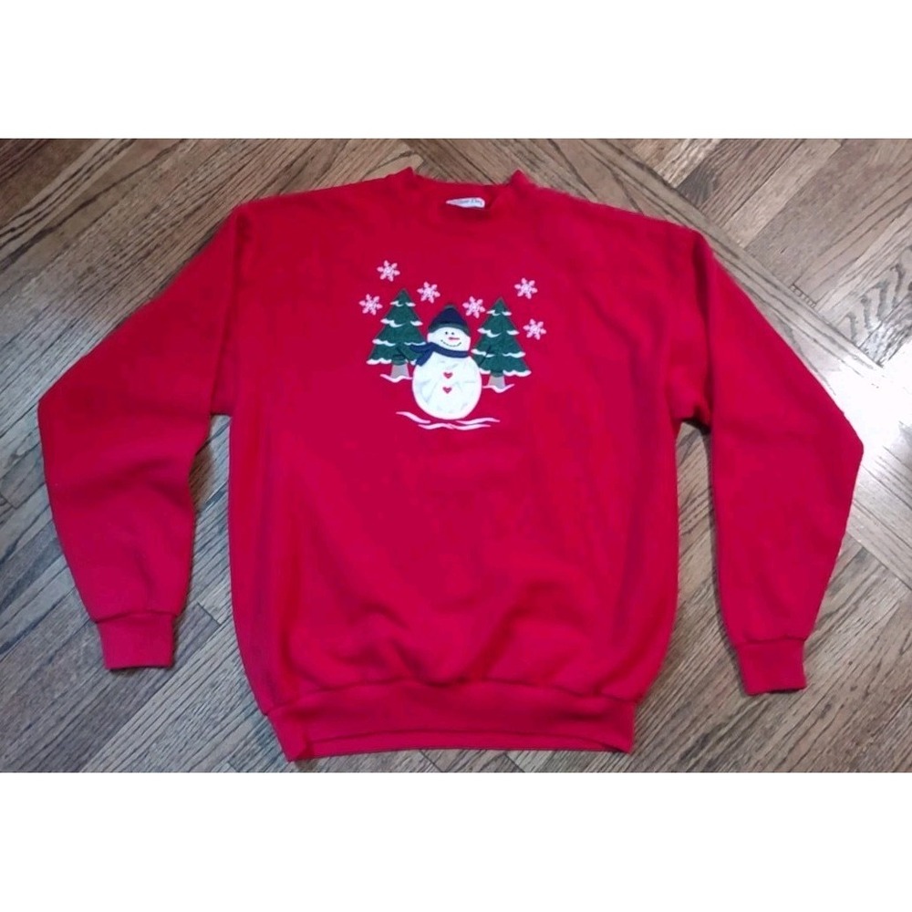 Vintage Willow Bay Snowman Christmas Sweatshirt Womens XL Red Applique Trees USA